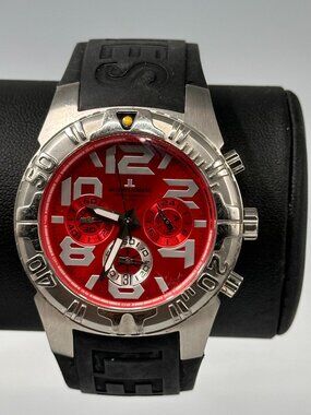 Jacques Lemans Chronograph Watch Men Red Dial Black Band New Battery 8.5"